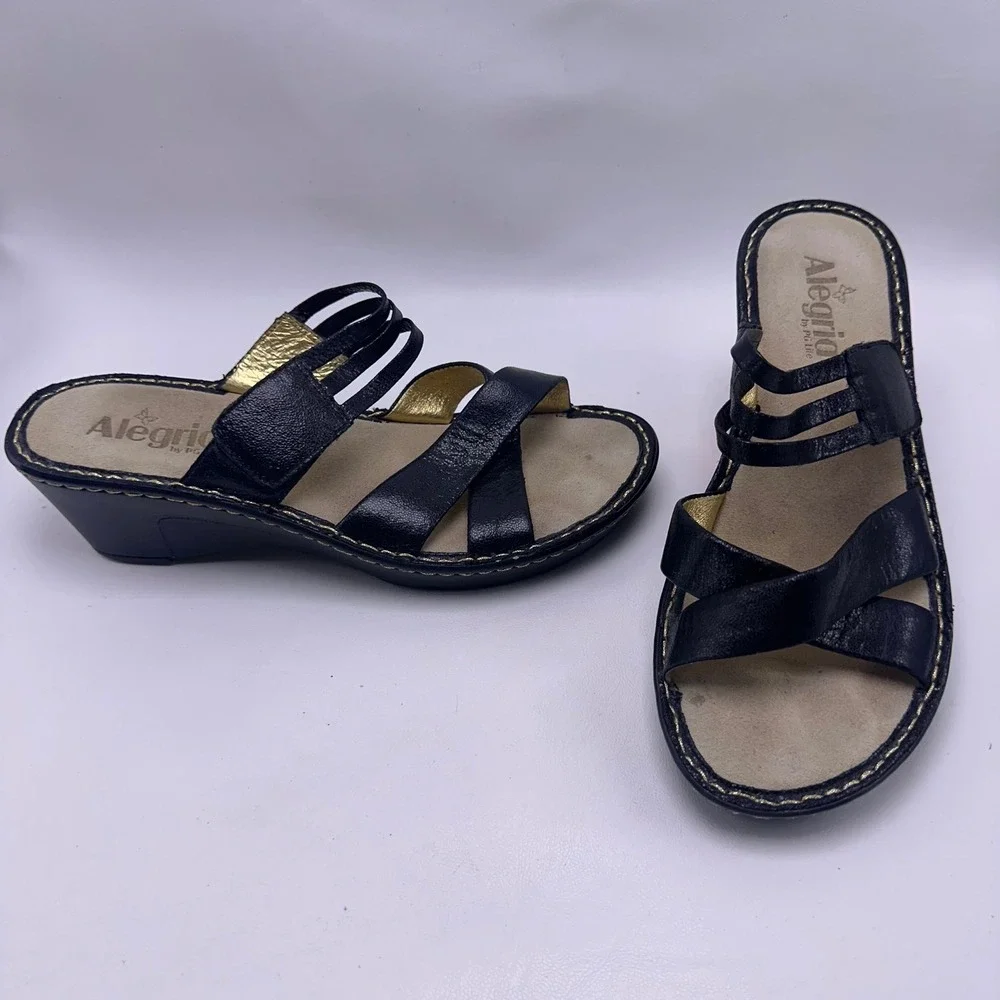 Alegria LEI-661 Black Leather Wedge Sandals Gold Lining Womens 39 US 9-9.5